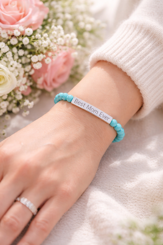 Natural Stone Stretch Bar Bracelet Personalize (Engraving) Mother's Day
